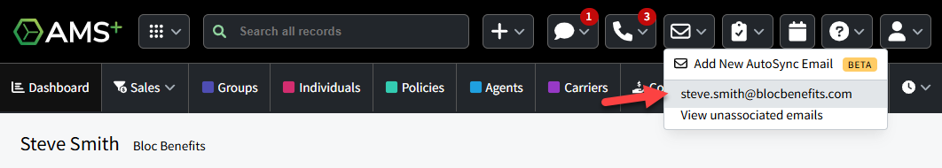 Screenshot showing how to access the AutoSync Email Inbox by selecting the email account from the Email icon dropdown menu in the AMS+ header