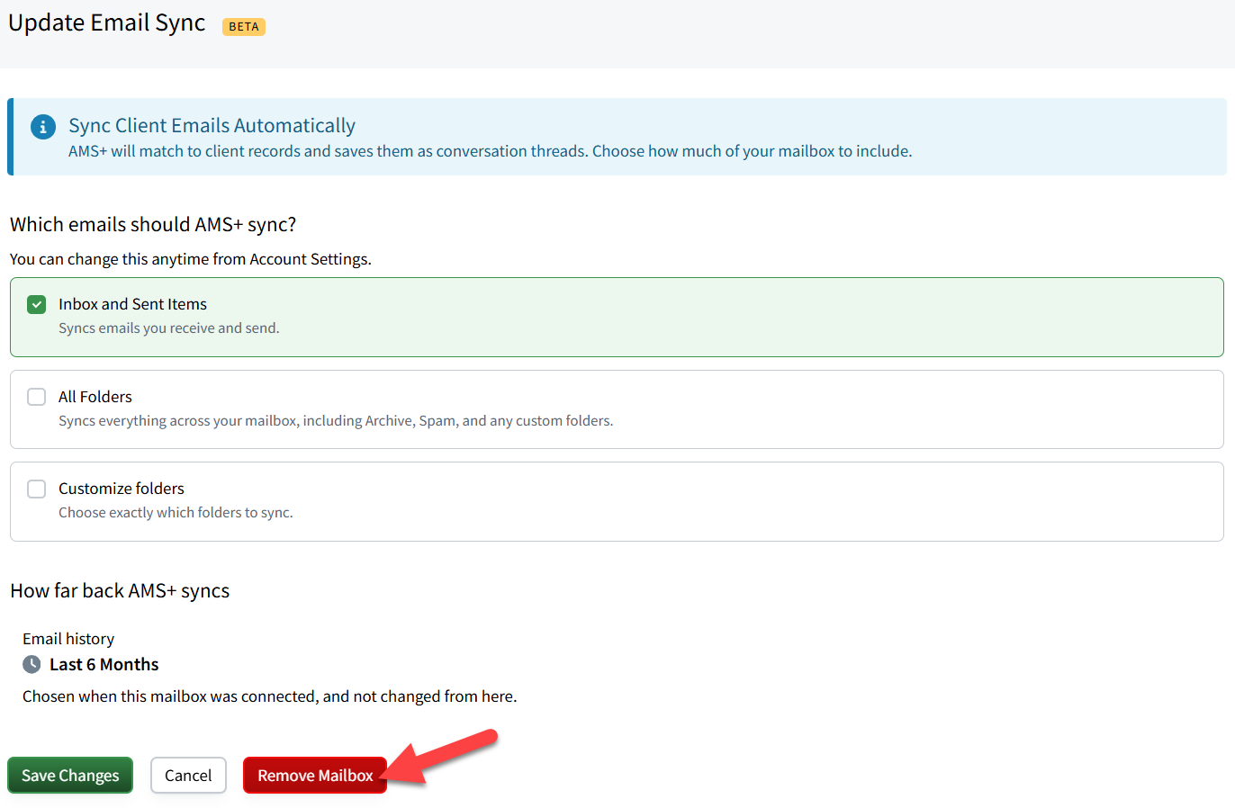 Screenshot highlighting the Remove Mailbox button on the Update Email Sync page