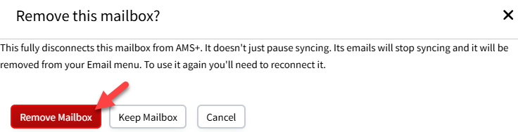 Screenshot showing a confirmation message that appears when disconnecting an email account from AutoSync Email
