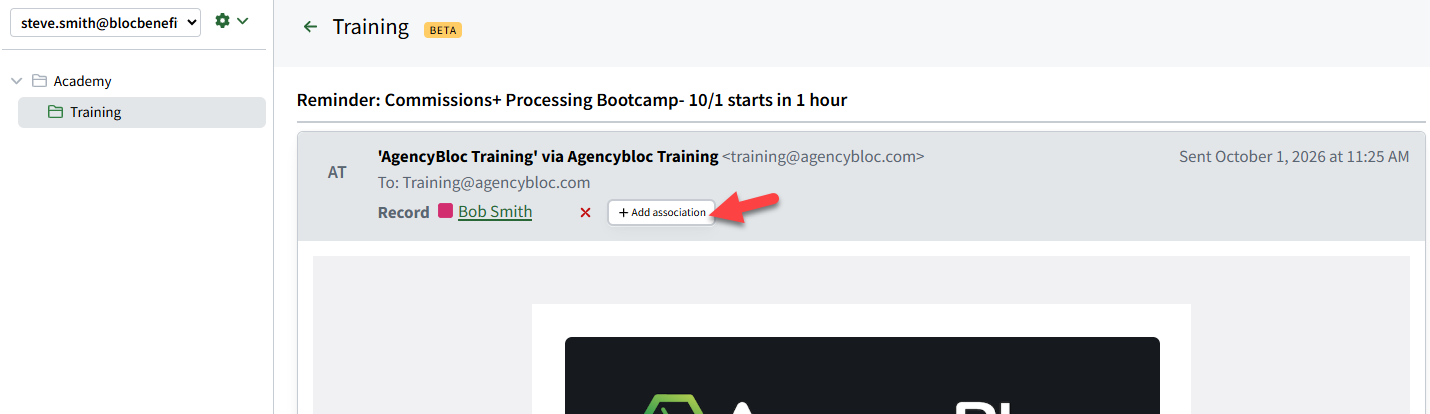 Screenshot showing how to associate an email with a record from within the email's message body