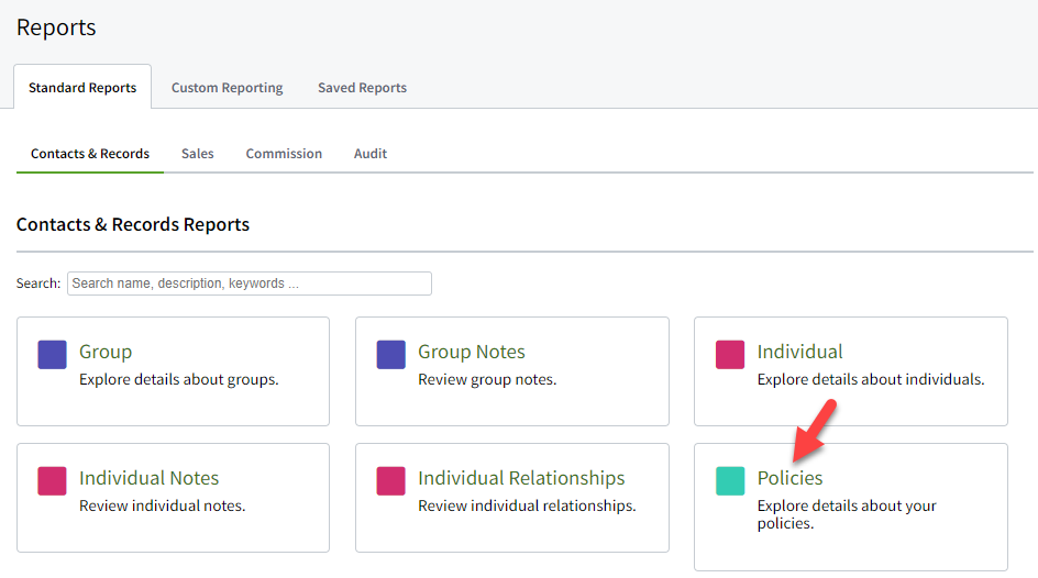 Screenshot showing the Policies standard report