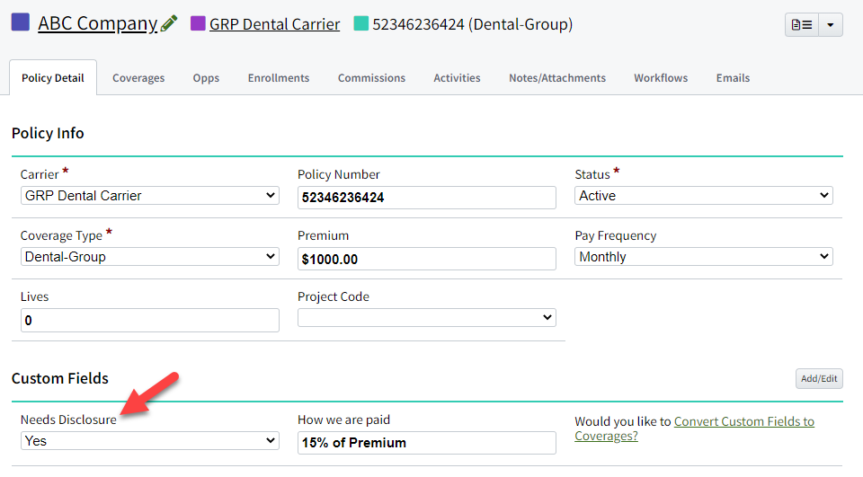 Screenshot showing a custom field on Policy records for tracking whether you've sent the disclosure or not