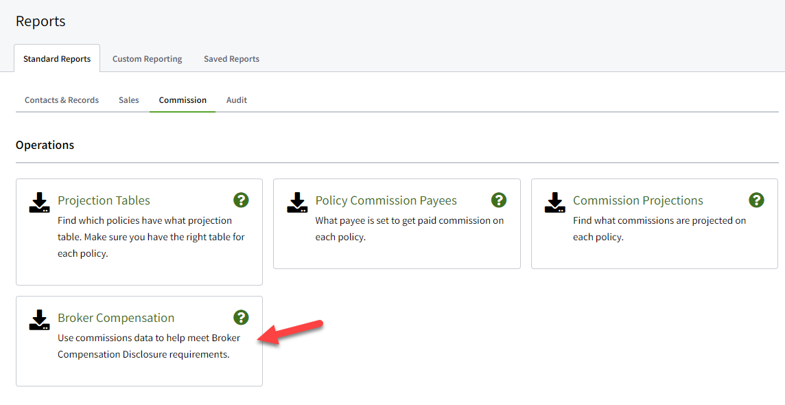 Screenshot showing the Broker Compensation report in standard Commission reports