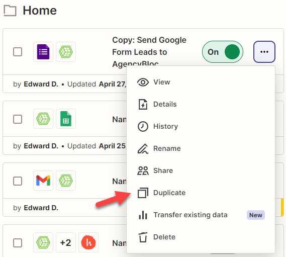 Screenshot showing how to duplicate a Zap