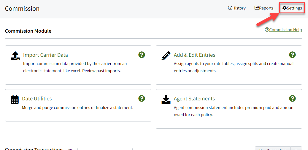 Screenshot showing how to get to Commission Settings