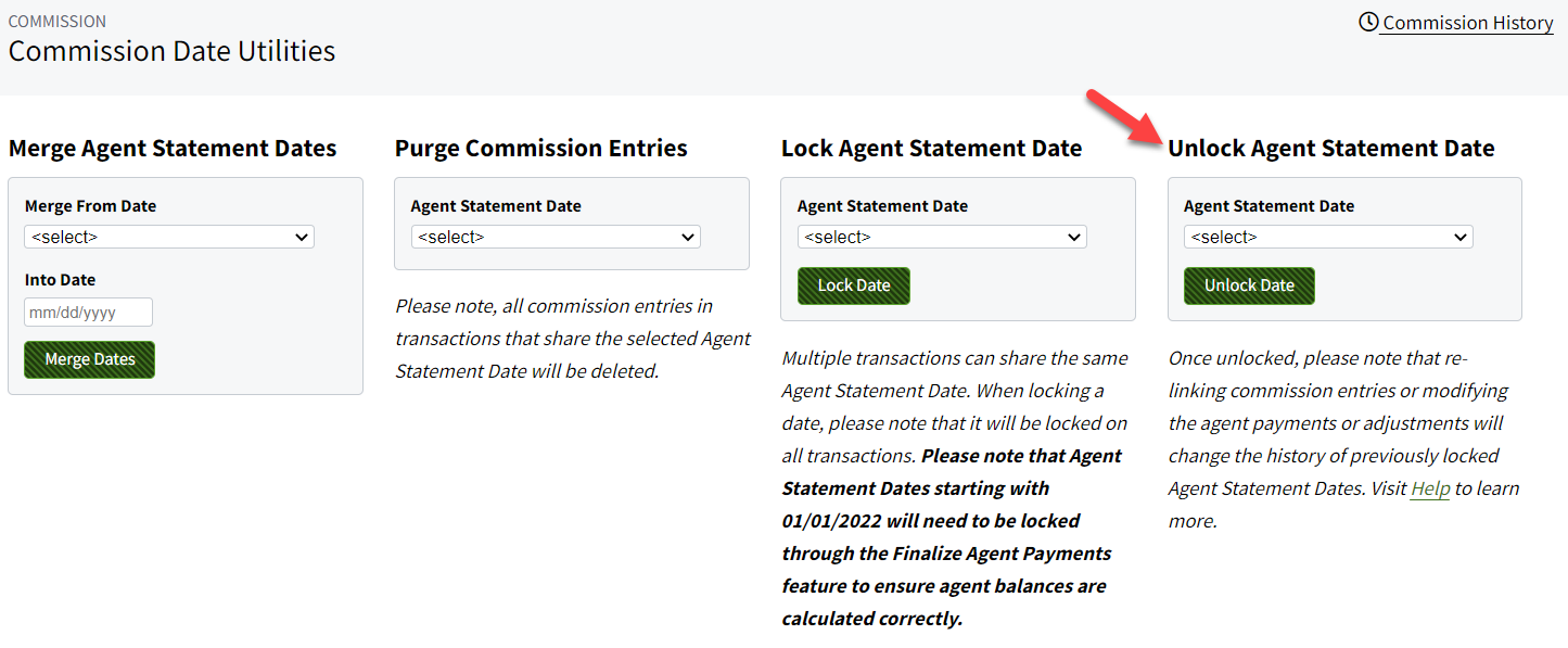 Screnshot showing where to unlock Agent Statement Dates in Date Utilities