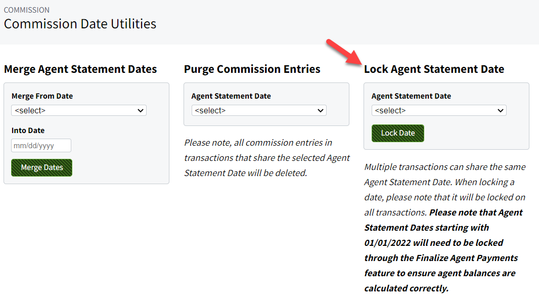 Screenshot showing where to lock Agent Statement Dates that are before 1/1/2022 in Date Utilities