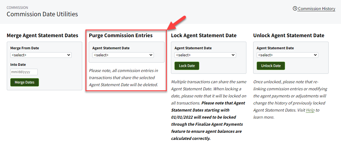 Screenshot showing how to purge Agent Statement Dates from Date Utilities.