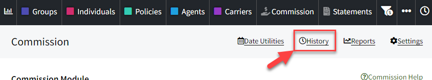 Screenshot showing how to navigate to Commission History to purge imported carrier statements