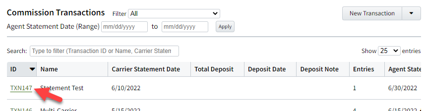 Screenshot showing where to find Commission Transactions to review and delete