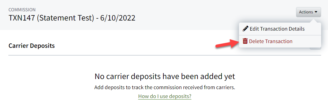 Screenshot showing how to delete a Transaction