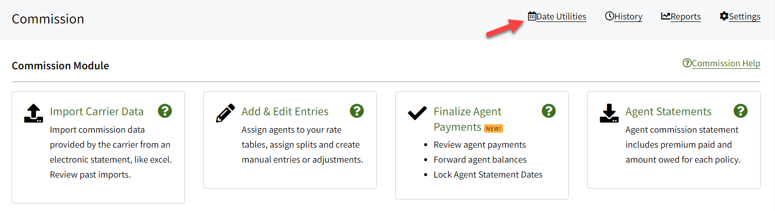 Screenshot showing where the Date Utilities link is on the Commission page after the update