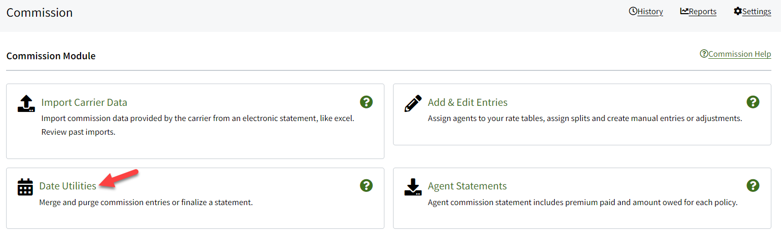 Screenshot showing where the Date Utilities link is on the Commission page before the update