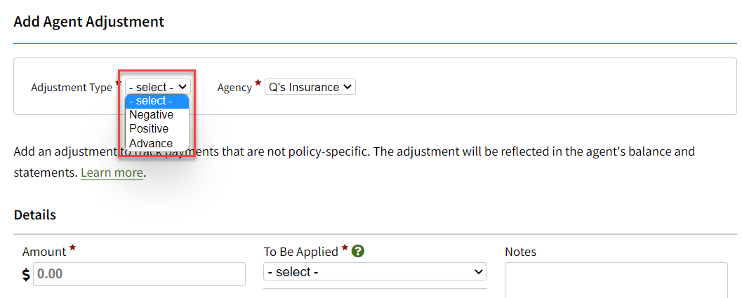 Screenshot showing the adjustment types