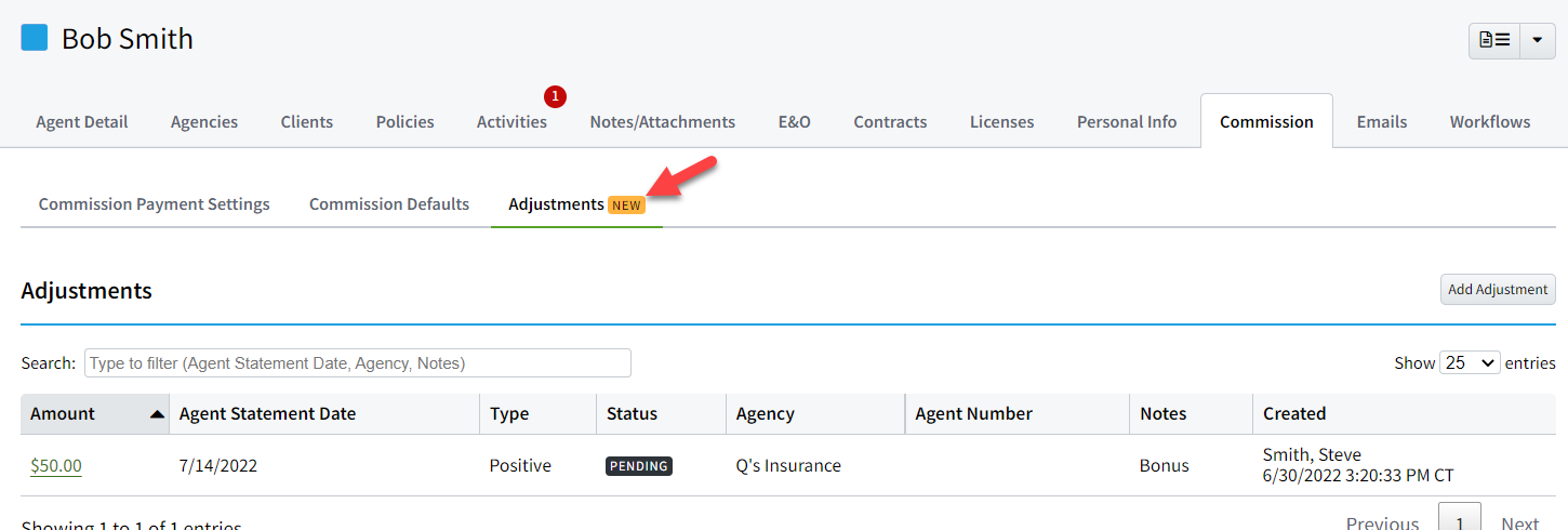 Screenshot showing how to navigate to adjustments on an Agent record