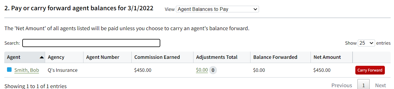 Screenshot showing a list of agent payments for the Agent Statement Date