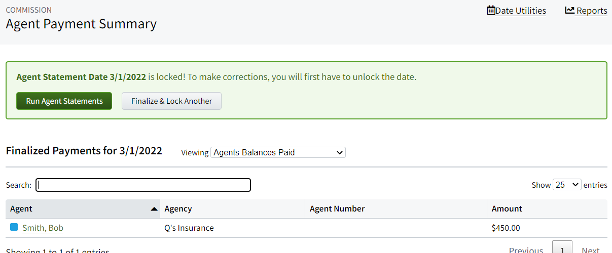 Screenshot showing the agent payment summary