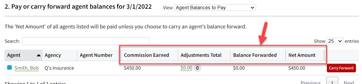 Screenshot highlighting the commission earned, adjustments total, balance forwarded, and net amount details in the payment grid