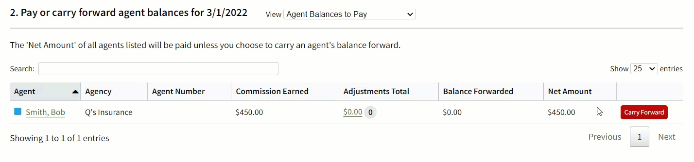 Animated image showing how to carry an agent balance forward
