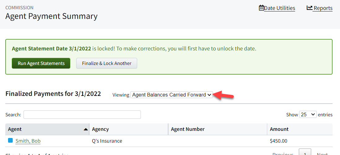 Screenshot showing the balances carried forward in the agent payment summary