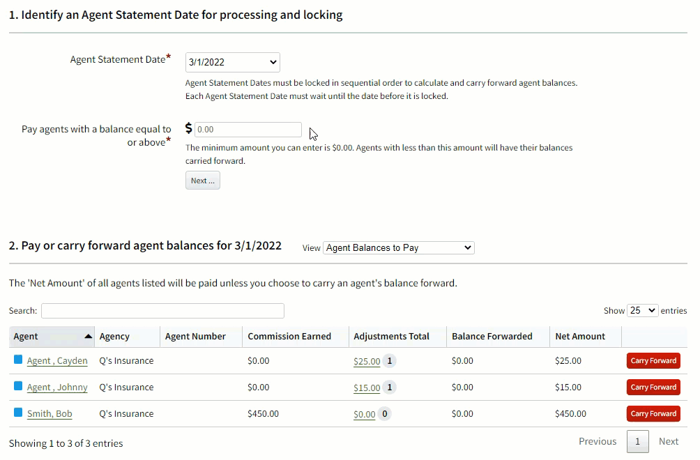 Animated image showing how to only pay agents that meet a minimum balance amount