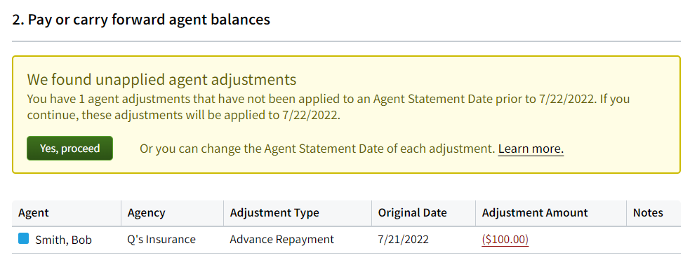 Screenshot showing a message about unapplied adjustments