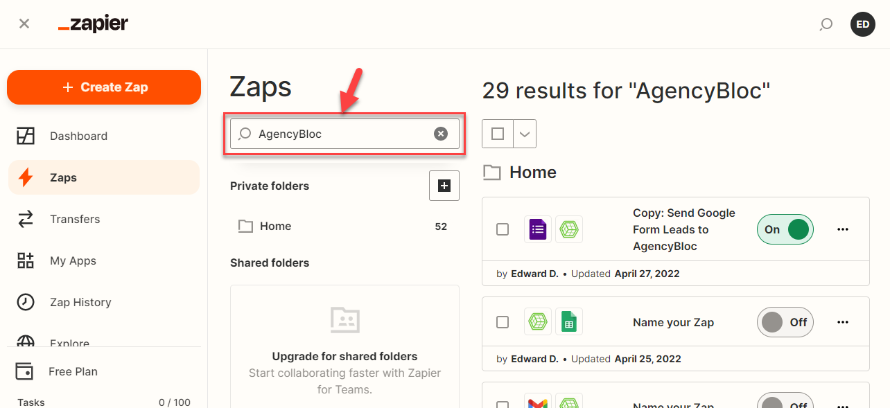 Screenshot showing how to search for Zaps using AgencyBloc triggers and actions in Zapier
