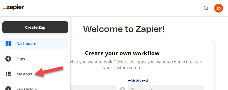 Screenshot showing how to navigate to your app connections in Zapier