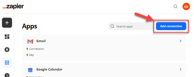 Screenshot showing how to add an app connection to Zapier