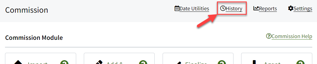 Screenshot showing where to access the commission history