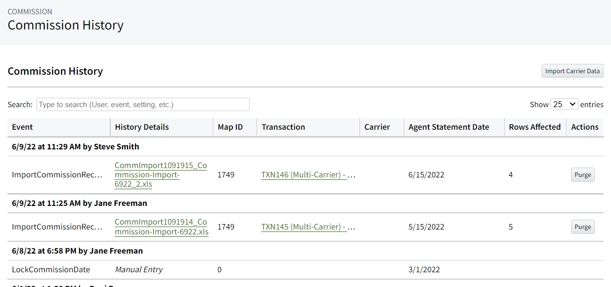 Screenshot showing the commission history