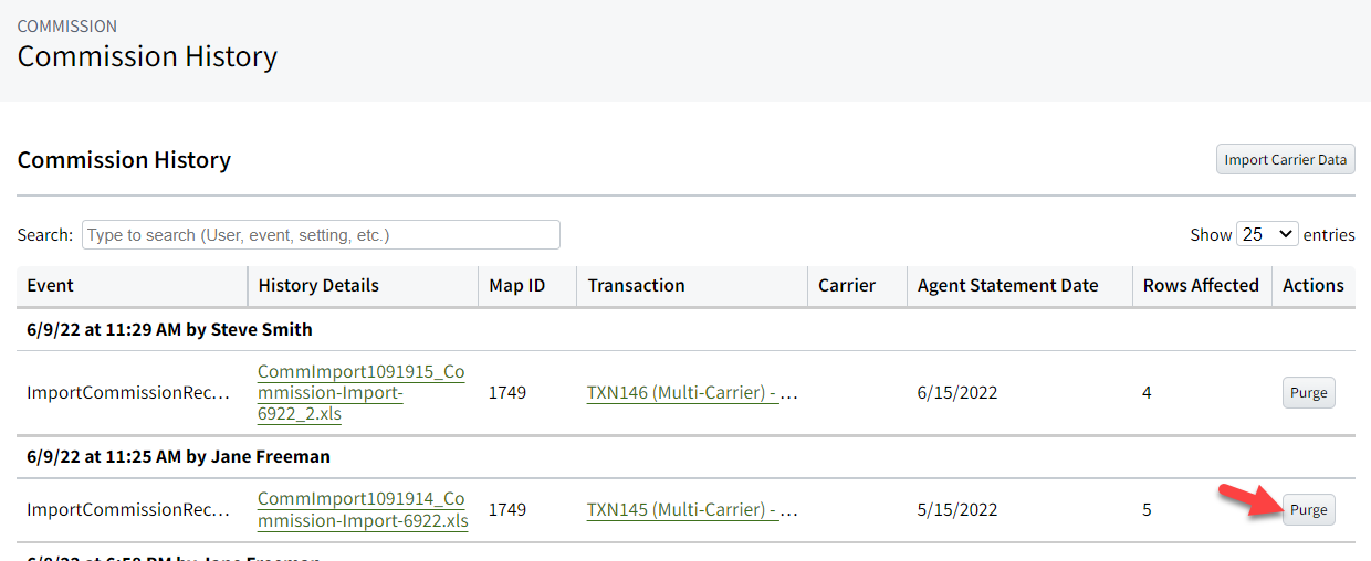 Screenshot showing the purge button next to an imported carrier statement in the commission history