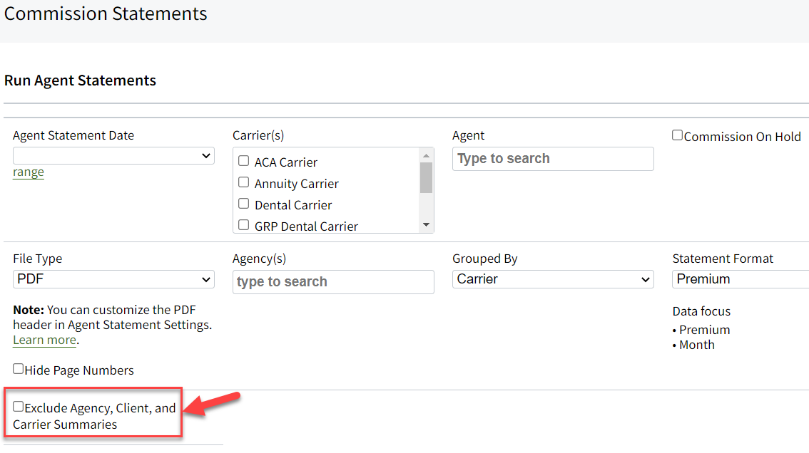 Screenshot showing a new report option in Agent Statements