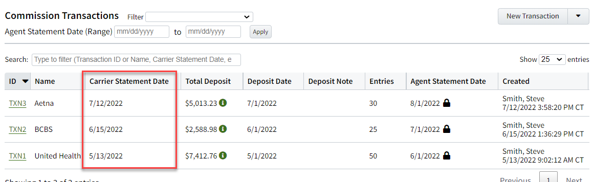 Screenshot showing the Carrier Statement Date in the Transactions table