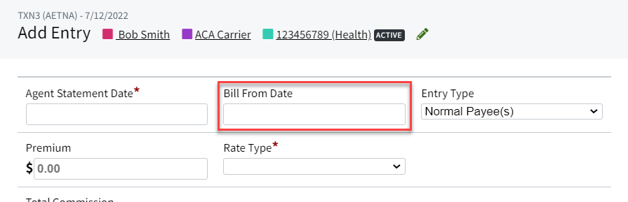 Screenshot showing the Bill From Date on a commission entry