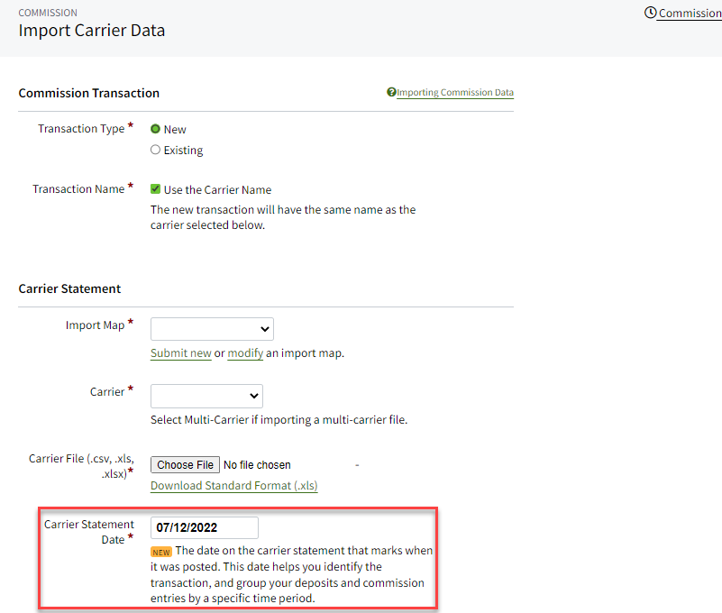 Screenshot showing the Carrier Statement Date field on the carrier data import page