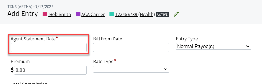 Screenshot showing the Agent Statement Date on a commission entry
