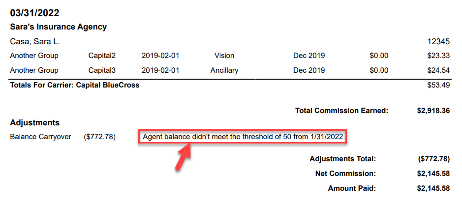 Screenshot showing that the agent's balance was carried forward from a previous statement