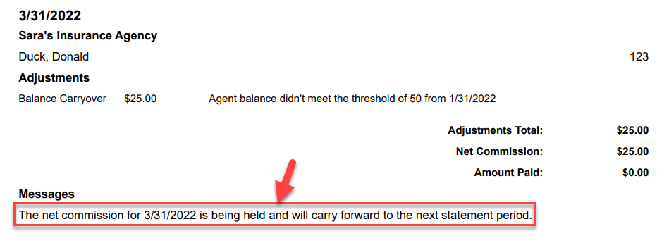 Screenshot showing that the agent's balance for the current statement is being held and carried forward to the next statement