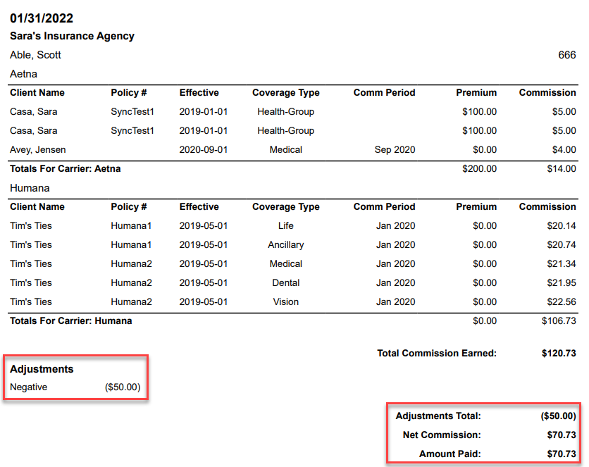 Screenshot showing adjustments and payments on an agent statement