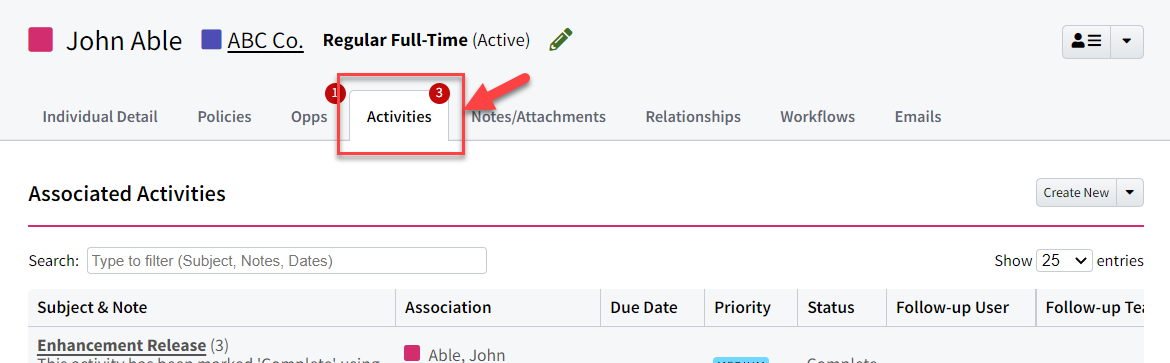 Screenshot showing the Activities tab on an Individual record