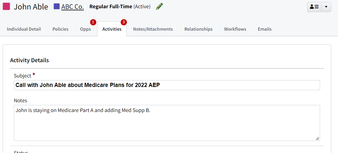 Screenshot showing the Notes section on a new Activity