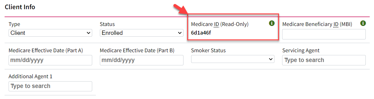 Screenshot showing the disabled Medicare ID field on Individual records
