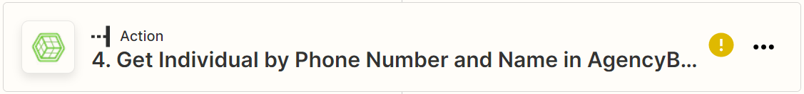 Screenshot showing the Zap action for getting AgencyBloc Individuals by Phone Number and Name