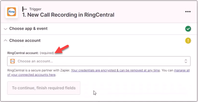 Screenshot showing the step for connecting your RingCentral account to the Zap trigger