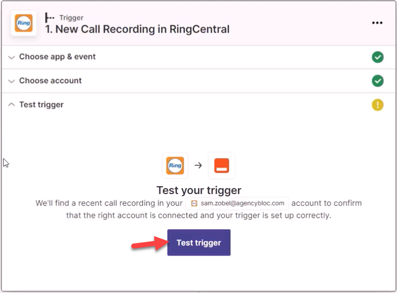 Screenshot showing the step for testing the Zap trigger