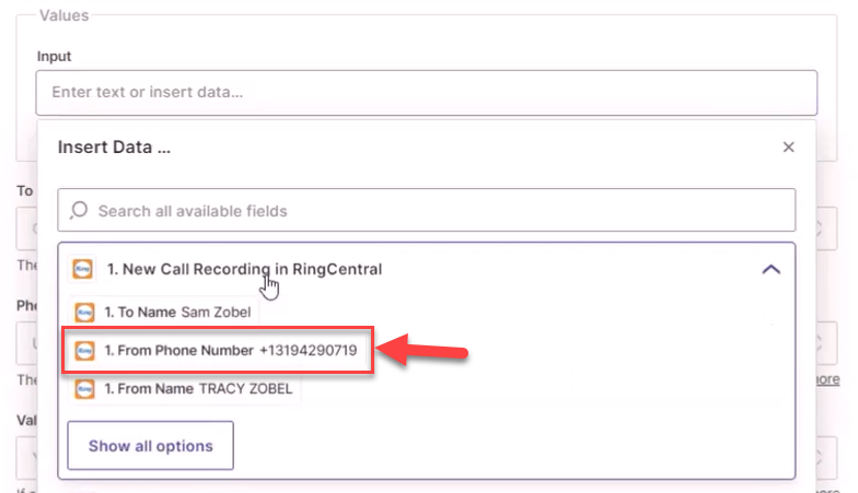 Screenshot showing the RingCentral datapoint you want the Zap action to format