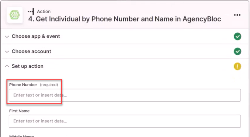 Screenshot showing the required phone number field in the Zap action