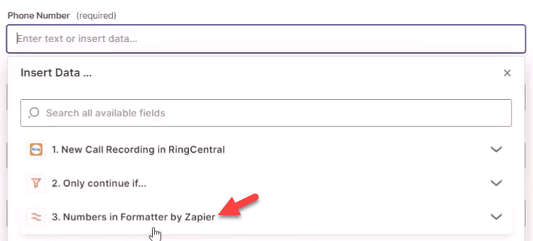 Screenshot showing how to pull phone numbers from RingCentral into the Zap action