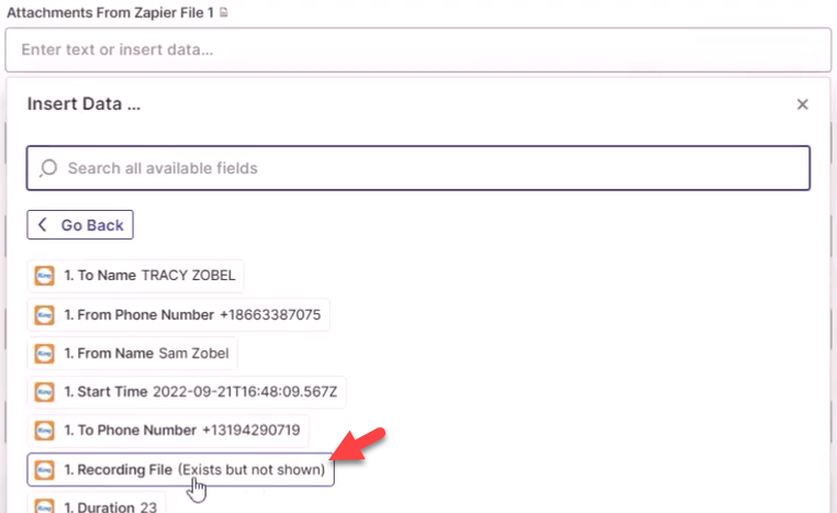Screenshot showing the Attachments from Zapier File 1 field